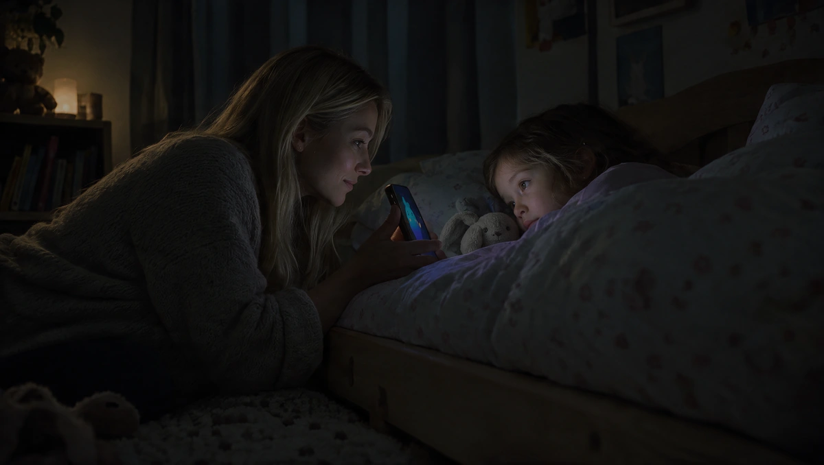 A mother kneels beside her daughter's bed in a dark room, turning a dimmed phone towards her so she can watch Lumi