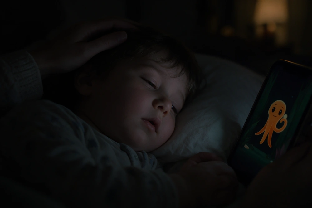 A toddler drifting off on his pillow while a parent strokes his hair, Otto on a dim phone beside him