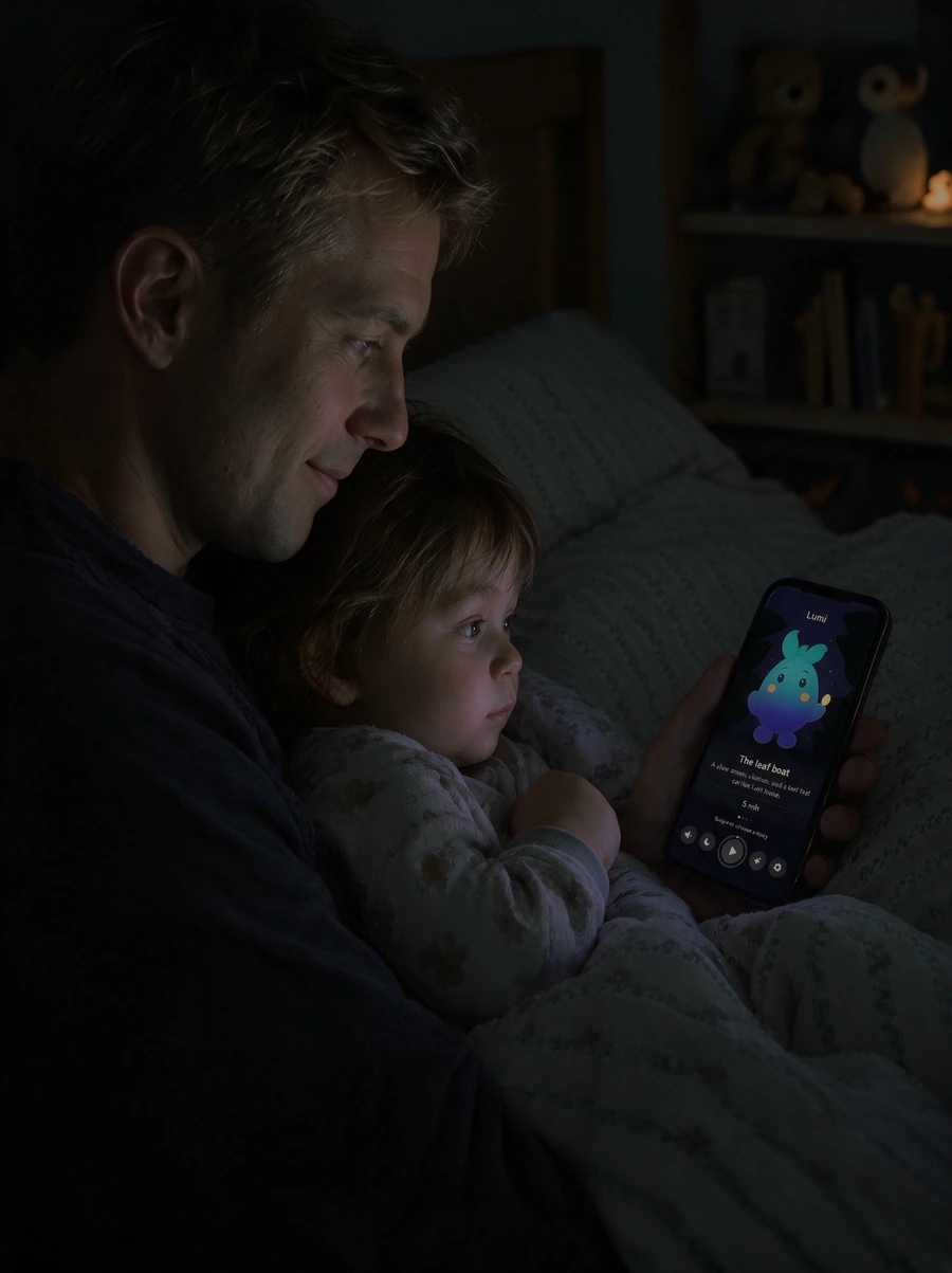 A father sits against the headboard with his toddler in his lap, both looking at Lumi on a dimmed phone