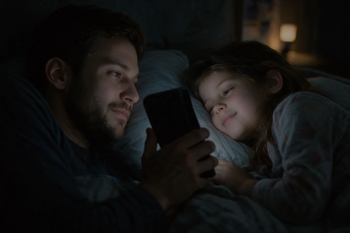 A father and his daughter lying face to face on the pillows, the phone turned towards her